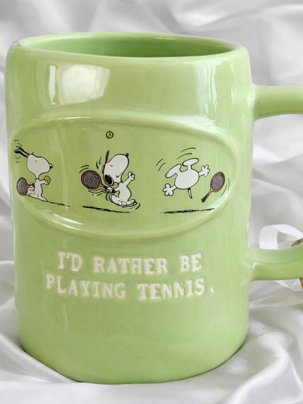 Rae Dunn Snoopy Collection I'd Rather Be Playing Tennis Light Green Mug New
